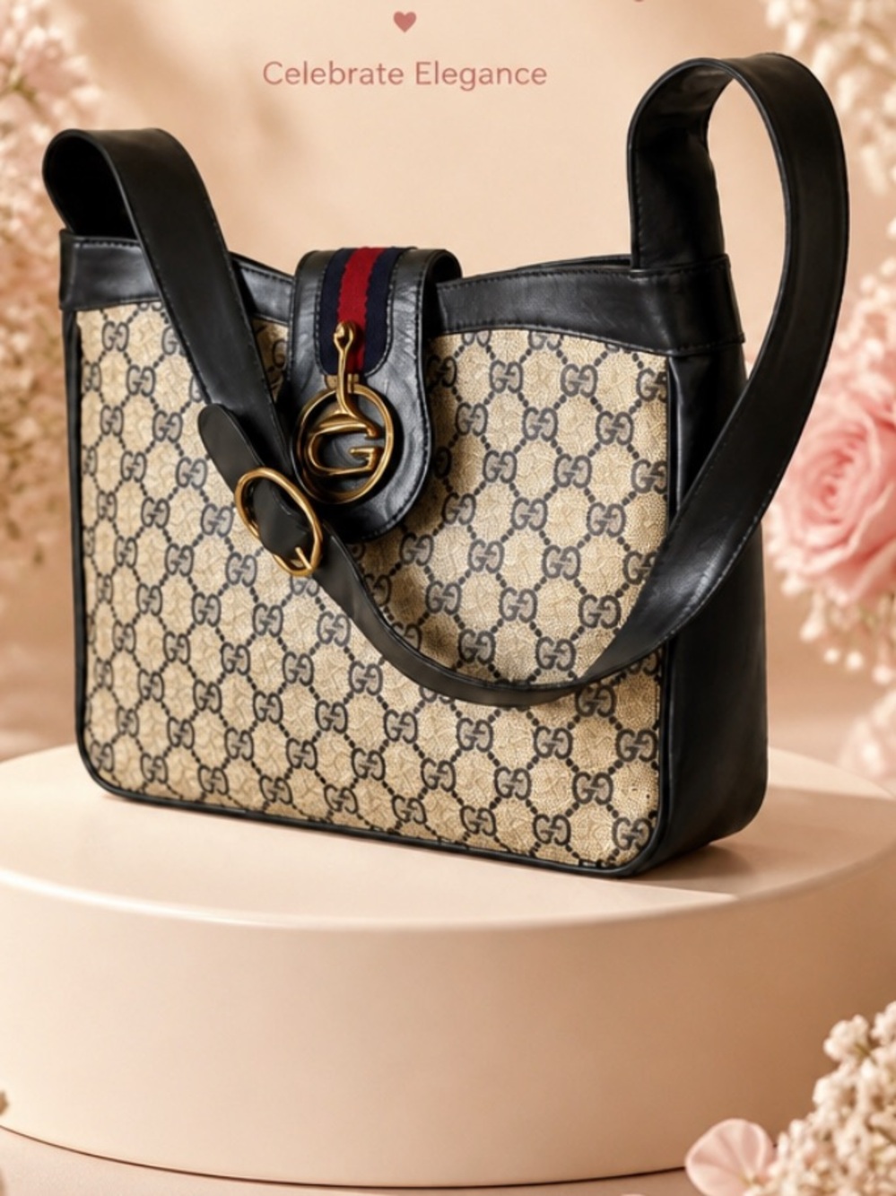 Gucci Beige GG Canvas Shoulder Bag with Black Leather & Red Web Stripe